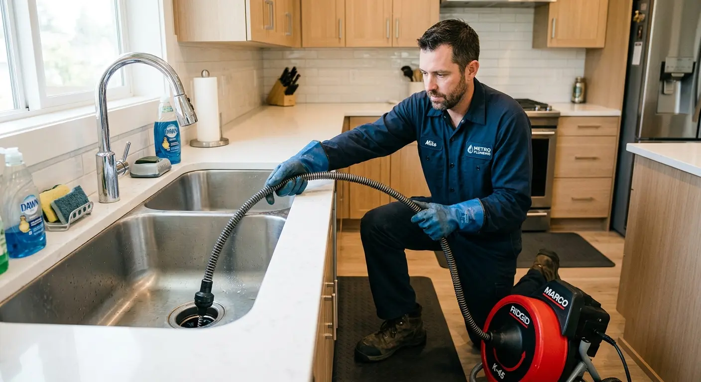 Drain cleaning technician using a motorized snake on a kitchen sink in Agoura Hills