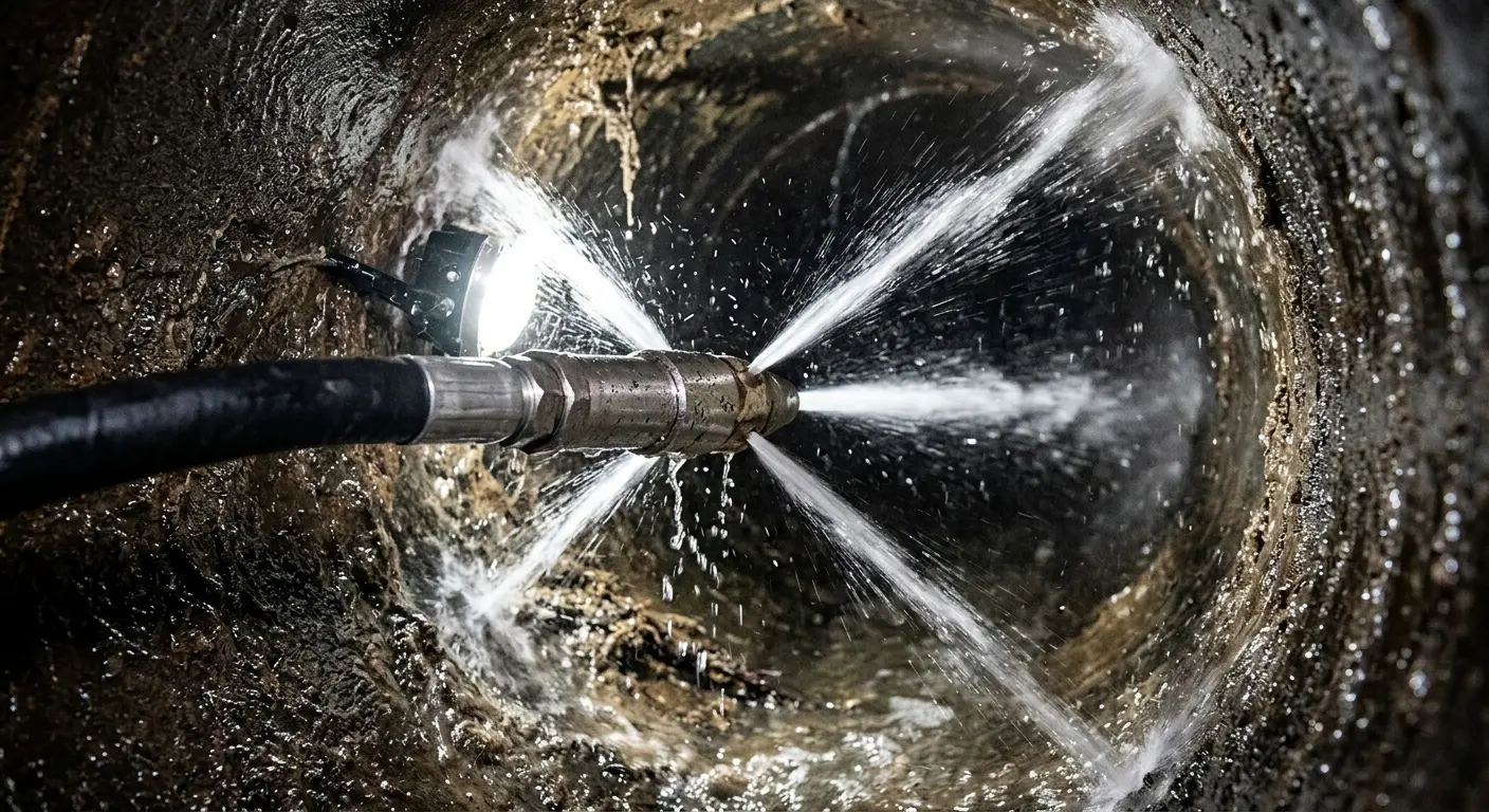 High-pressure hydro jetting nozzle cleaning sewer pipe for Storm Drain Cleaning in Agoura Hills