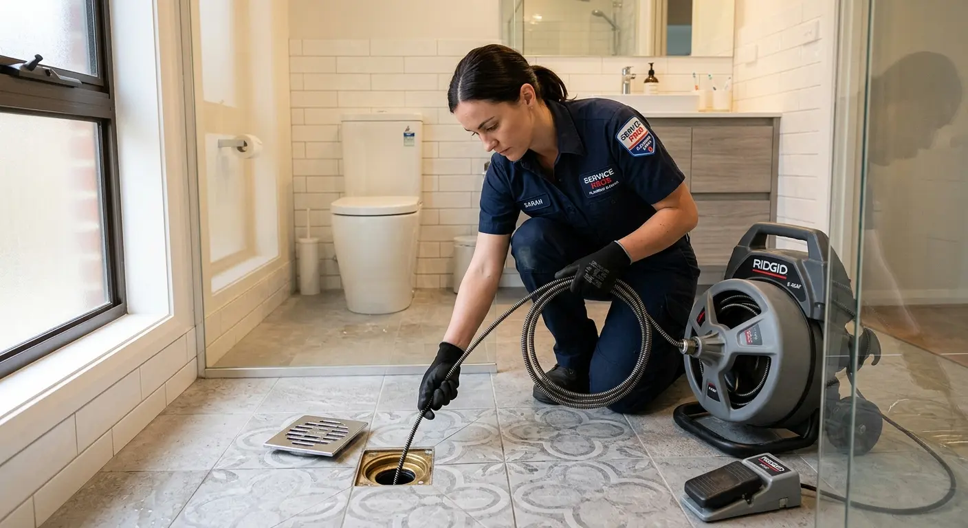 Technician clearing a bathroom floor drain for Sewer Line Replacement in Agoura Hills